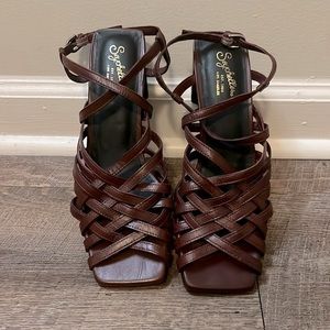 Seychelles Women Block Heel Strappy Sandals Size 8.5 Maroon Leather